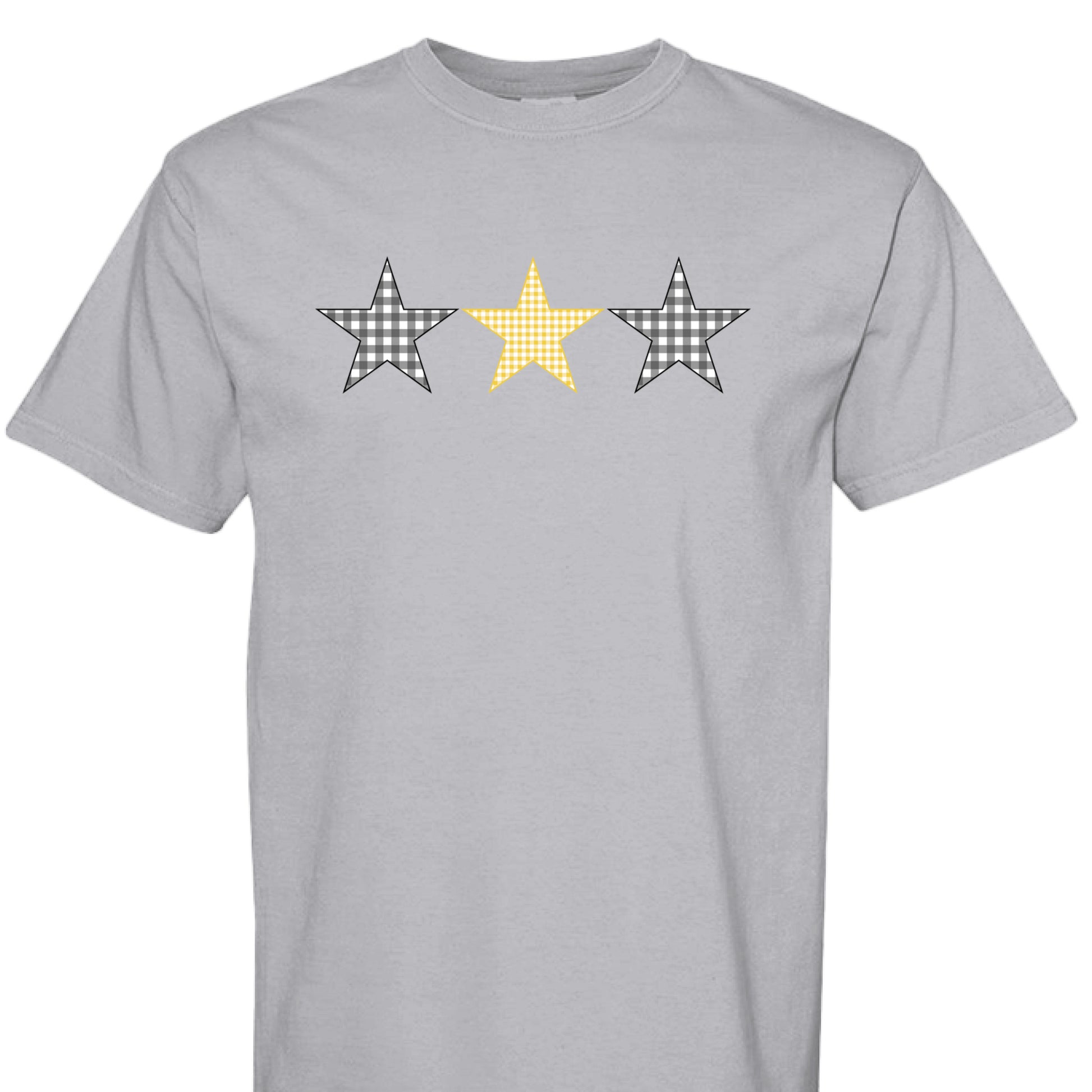 Granite t-shirt with 3 gingham stars (2 black stars and one gold star) design