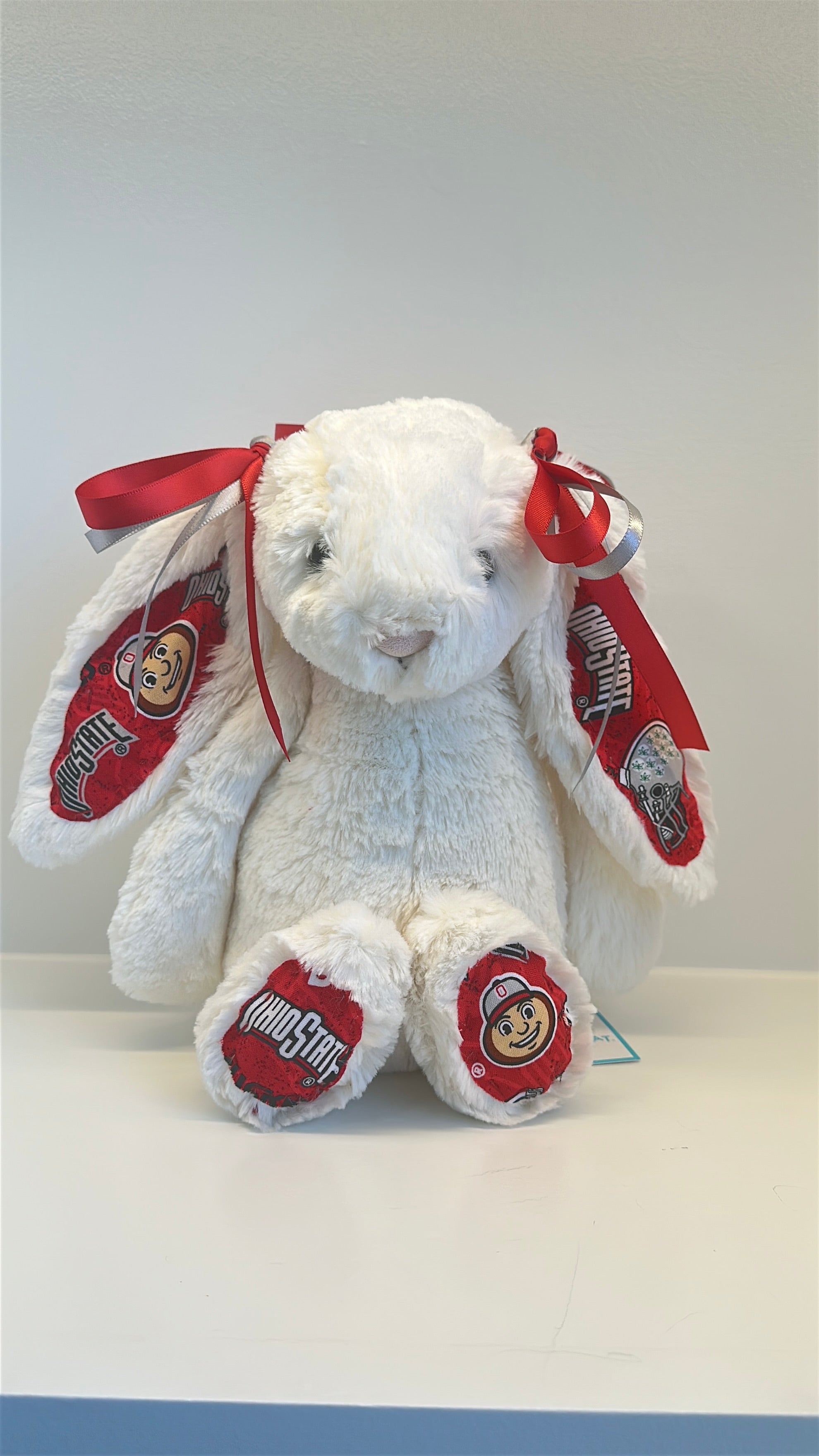 White plush bunny with red accents and tags on a white background