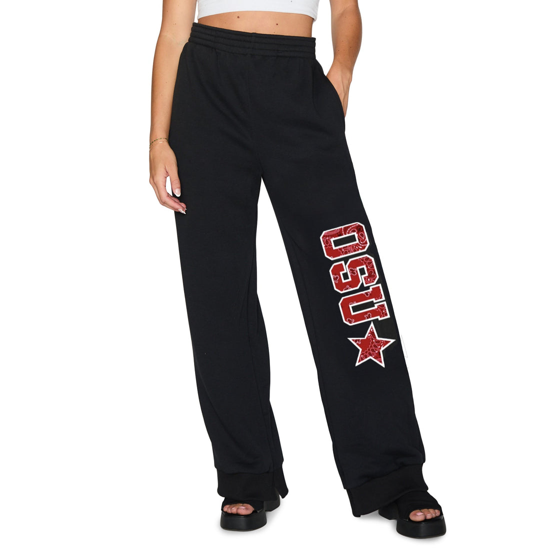 Black sweatpants with 'OSU' and a star design on a white background
