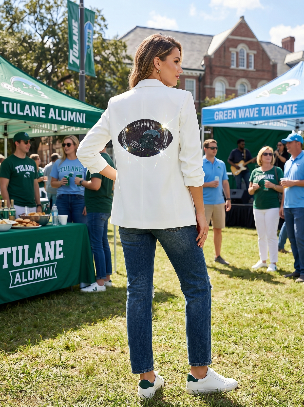 Tulane Football White Ruched Sleeve Blazer