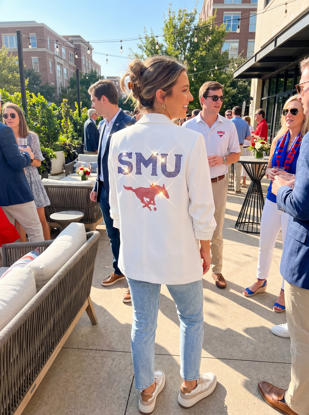 SMU Mustang White Ruched Sleeve Blazer