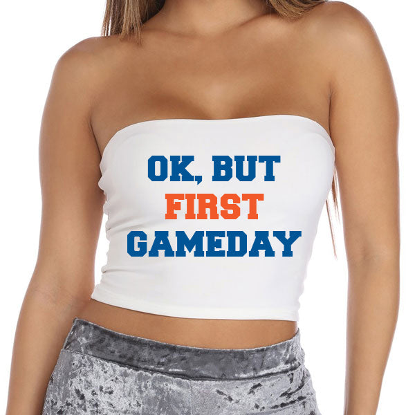 Royal Blue & Orange Ok, But First Gameday Tube Top