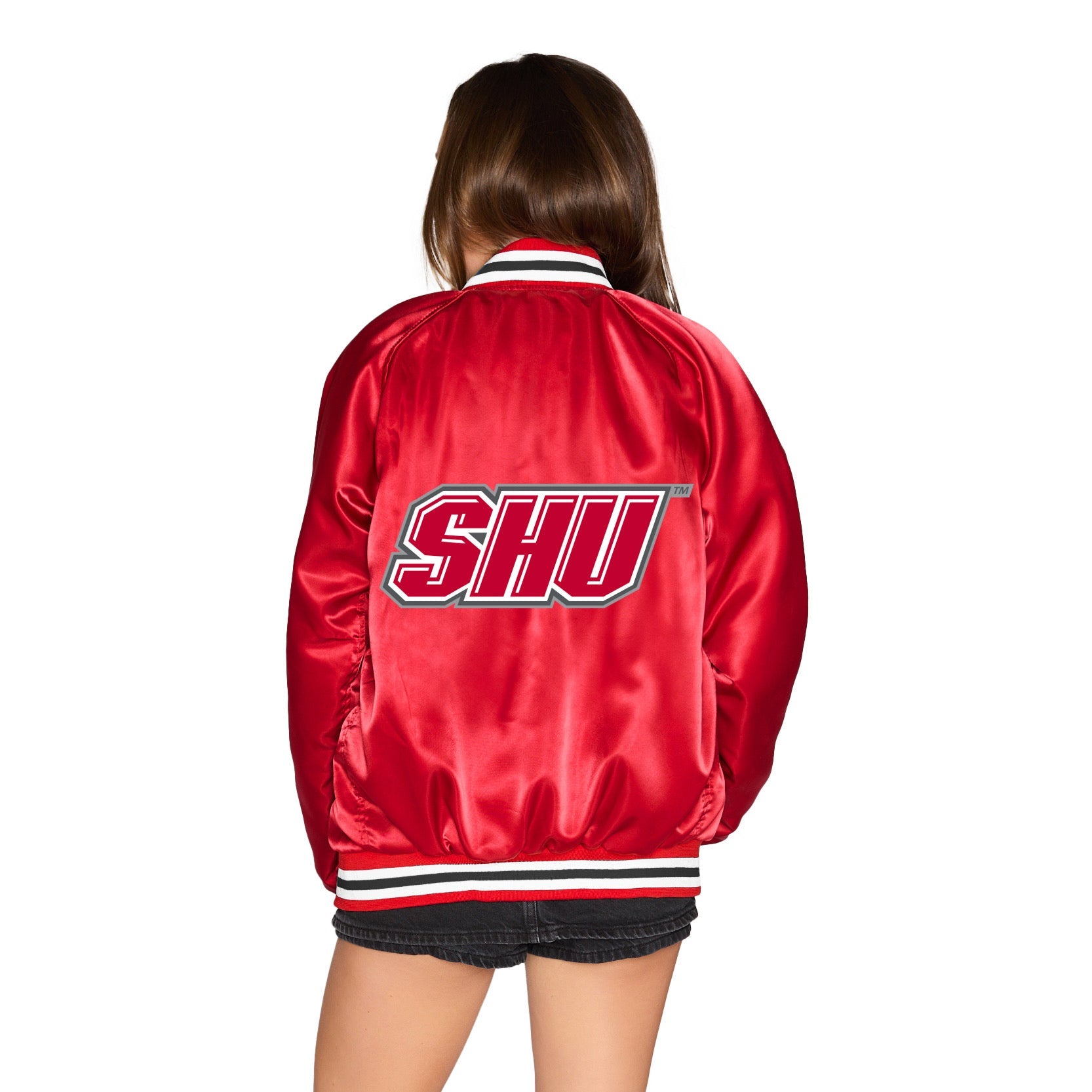 Sacred Heart Satin Letterman Bomber Jacket