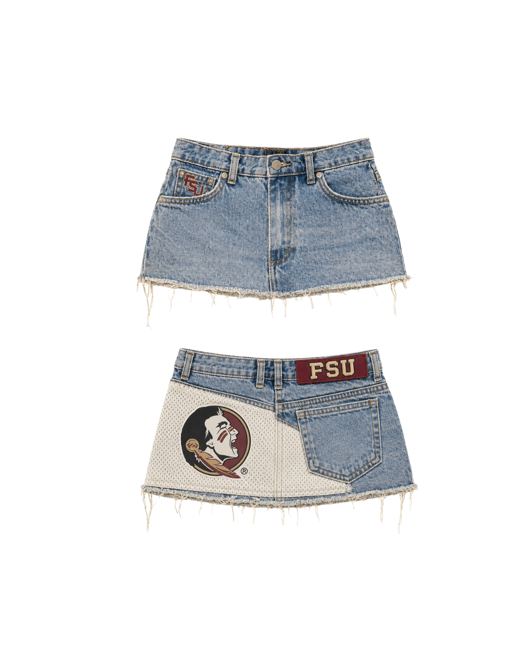 Denim skirt with 'FSU' patch on a white background