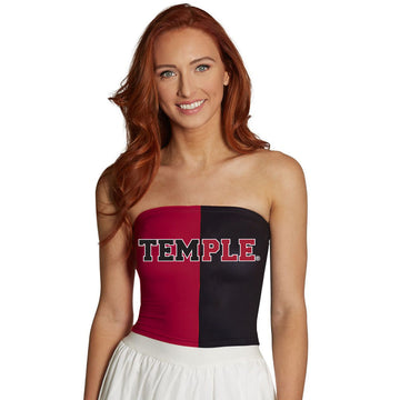 Woman wearing a strapless top with 'TEMPLE' printed on it against a white background