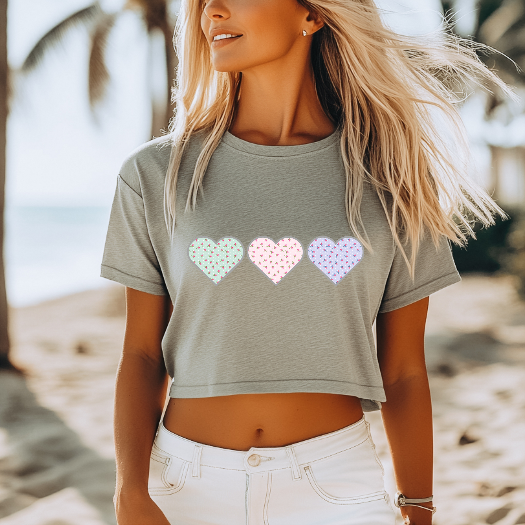 Customizable Tri-Heart Polka Dot Floral Cropped Tee