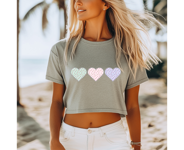 Customizable Tri-Heart Polka Dot Floral Cropped Tee