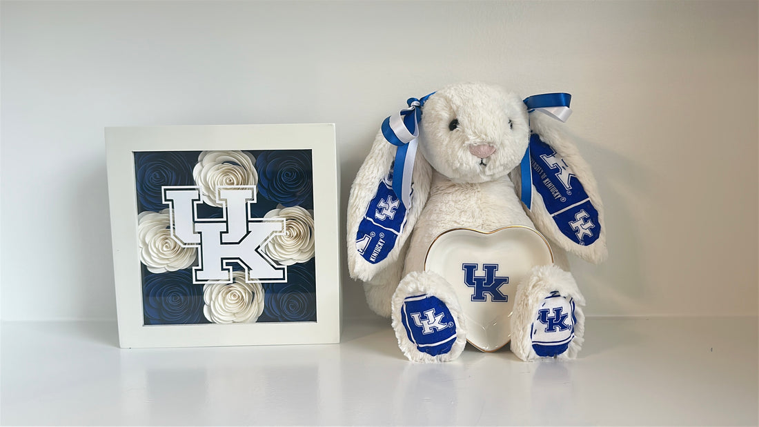Stuffed animal with Kentucky Wildcats logo next to a decorative piece on a white surface university of kentucky 