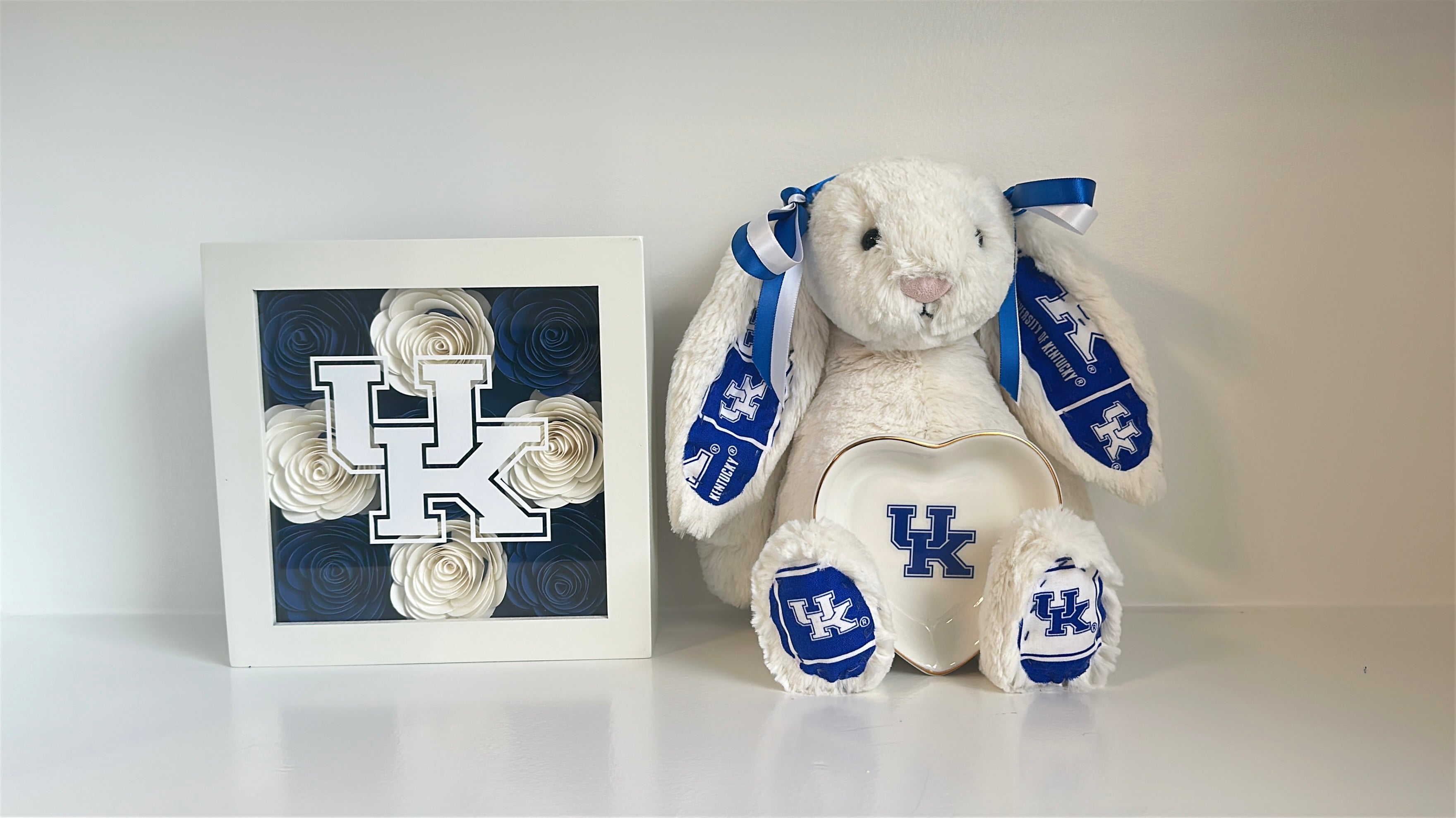Stuffed animal with Kentucky Wildcats logo next to a decorative piece on a white surface university of kentucky 