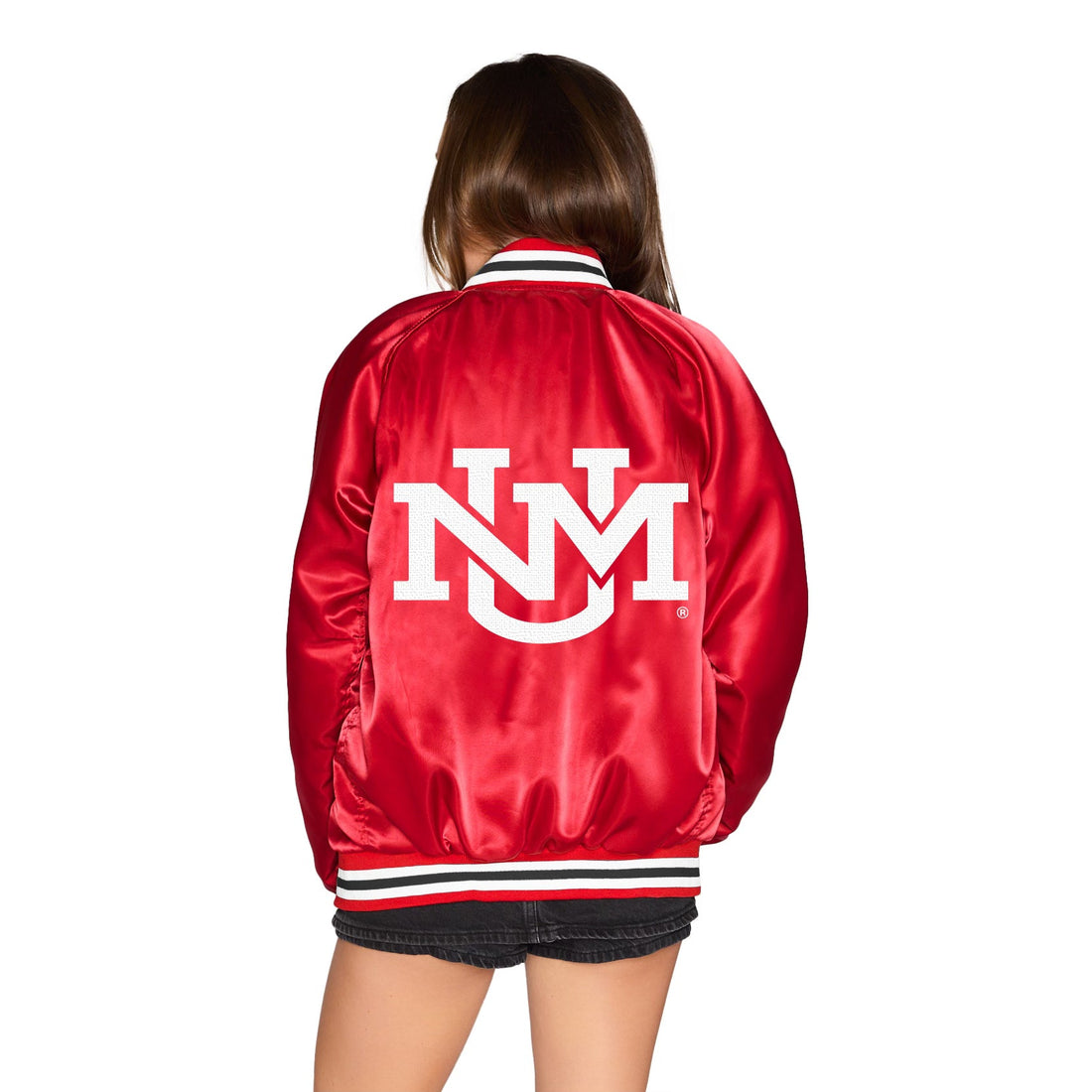 New Mexico Lobos Red Satin Letterman Bomber Jacket