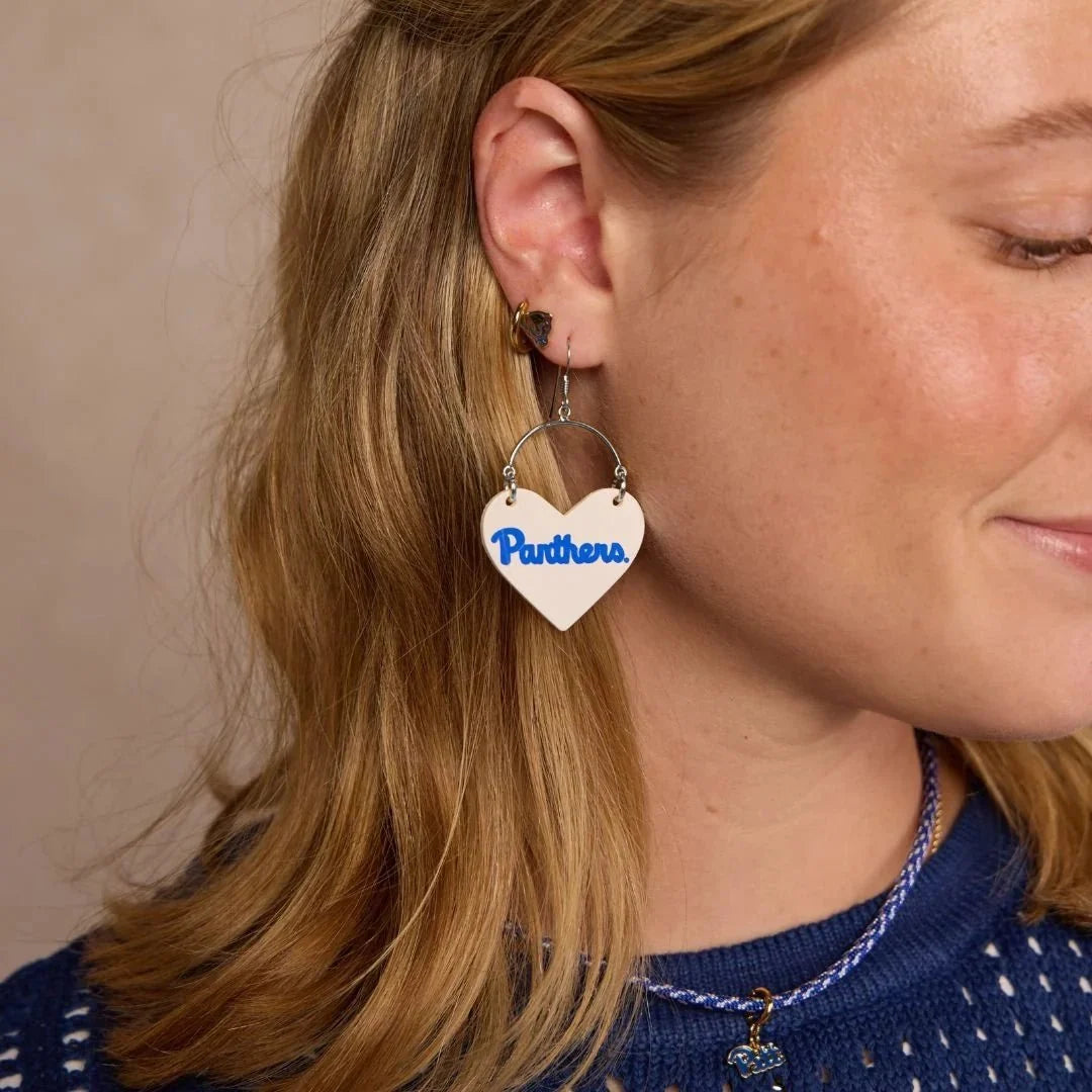 White University of Pittsburgh Panthers Script Lover Heart Hoop Earrings