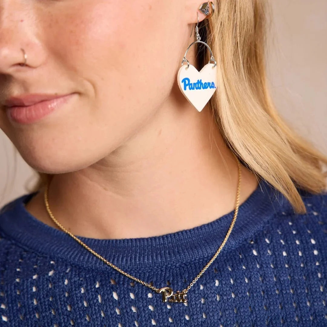 White University of Pittsburgh Panthers Script Lover Heart Hoop Earrings