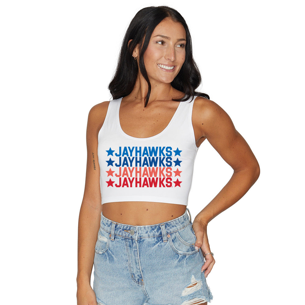 Kansas Jayhawks Repeat White Crop Tank Top
