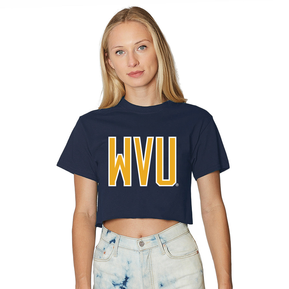 Woman wearing a navy blue t-shirt with 'WVU' in yellow on a white background